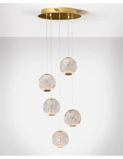 Lámpara colgante Austral – Schuller – Lámpara decorativa con 5 tulipas esféricas símil cristal tallado