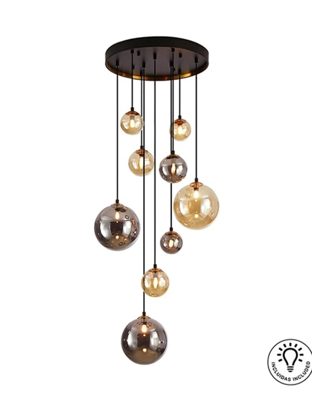 Lámpara colgante Dark – Schuller – Lámpara de 9 luces con tulipas de diferentes tamaños