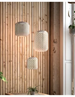 Lámpara colgante de techo Nans – Bover – 3 Pantallas de fibra sintética tejida a mano, LED regulable Triac
