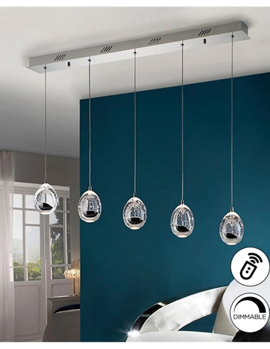 Lámpara colgante lineal Rocío – Schuller – Lámpara LED regulable, 5 pantallas de cristal