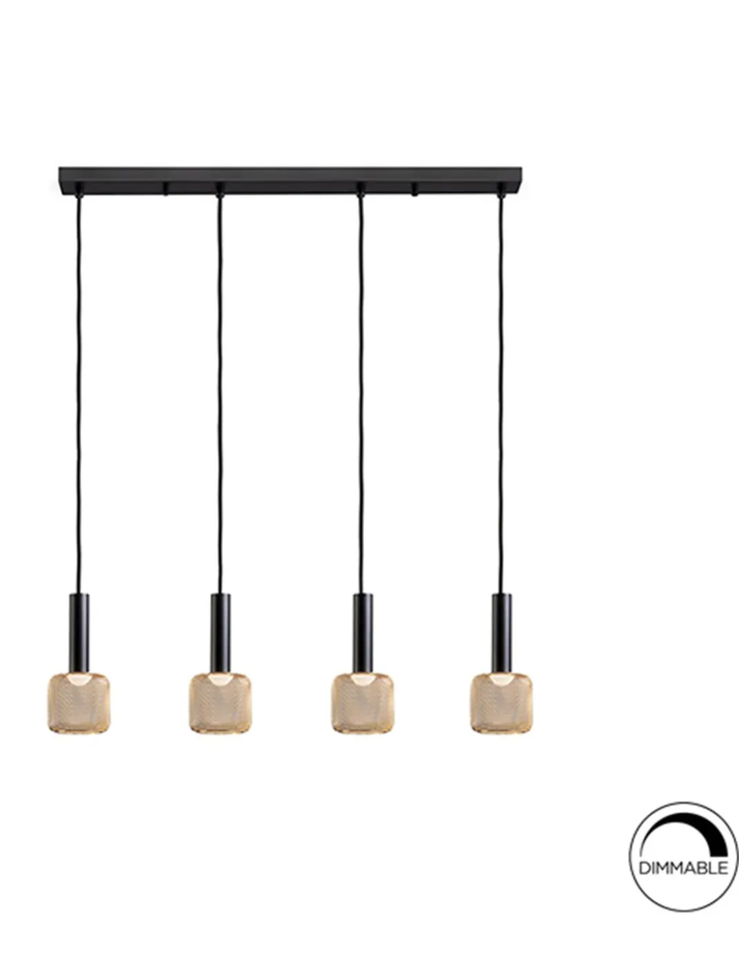 Lámpara colgante lineal Sincro – Schuller – 4 tulipas de malla dorada, LED regulable