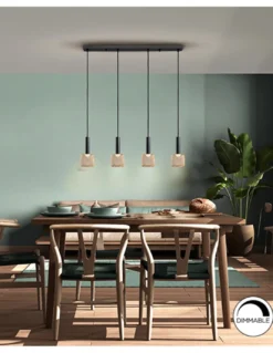 Lámpara colgante lineal Sincro – Schuller – 4 tulipas de malla dorada, LED regulable