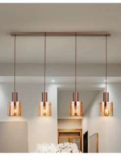 Lámpara colgante Venize - Schuller - Lámpara lineal con 4 pantallas de cristal ámbar