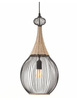 Lámpara colgante Zagoratan – IDP Lampshades – Lámpara vintage de metal negro y rattan natural