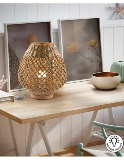 Lámpara de mesa Yaiza – Schuller – Lámpara boho chic con pantalla de cuerda de papel trenzado
