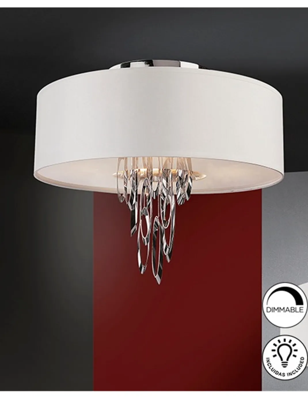 Plafón de techo Domo - Schuller - Pantalla chinz blanca, diseño clásico y elegante