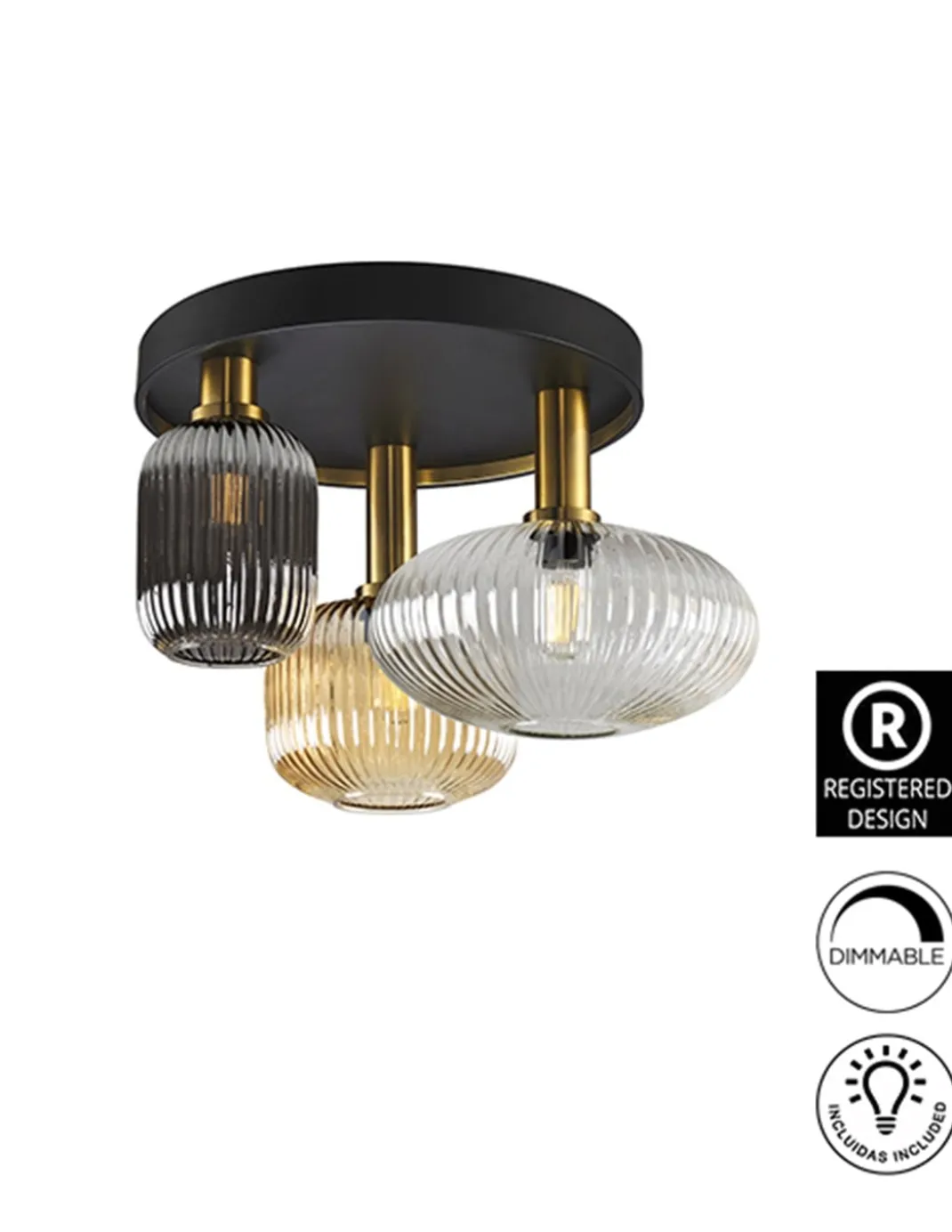Plafón de techo Norma – Schuller – Lámpara de 3 luces, pantallas de cristal moldeado