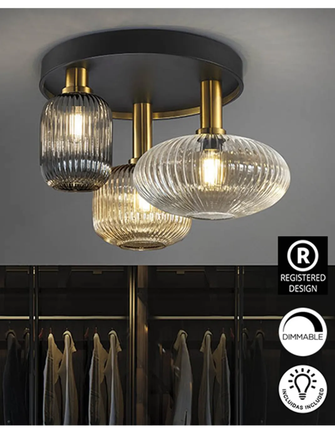 Plafón de techo Norma – Schuller – Lámpara de 3 luces, pantallas de cristal moldeado