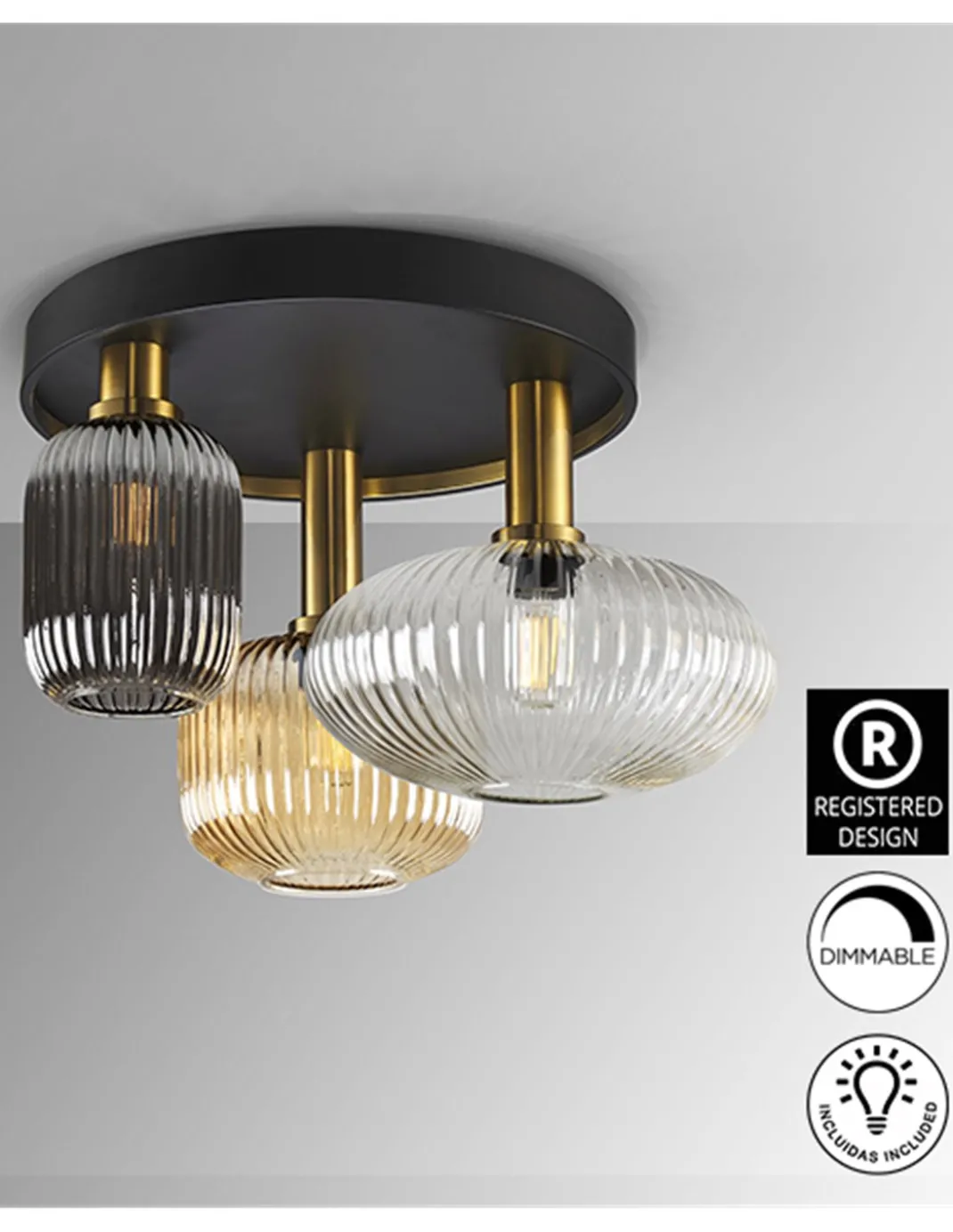 Plafón de techo Norma – Schuller – Lámpara de 3 luces, pantallas de cristal moldeado