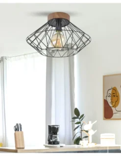 Plafón de techo Sequoia – IDP Lampshades – Lámpara jaula de metal y efecto madera