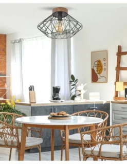 Plafón de techo Sequoia – IDP Lampshades – Lámpara jaula de metal y efecto madera