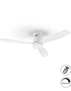 Ventilador con luz Siroco – Schuller – Palas de madera blanca, motor DC, 6 velocidades
