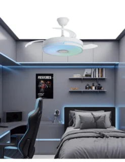 Ventilador de techo con luz Auron - AJP - Ventilador blanco con RGB, altavoz Bluetooth y aspas retráctiles