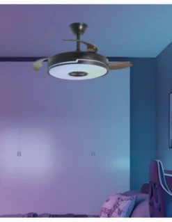 Ventilador de techo con luz Auron - AJP - Luz RGB, altavoz Bluetooth y acabado negro con aspas retráctiles
