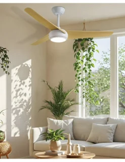 Ventilador de techo con luz LED Támesis - ALG - Blanco con aspas de madera y mando a distancia