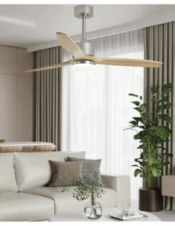 Ventilador de techo con luz Madeira - AJP - Palas de madera natural con acabado níquel satinad, ultrasilencioso