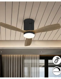 Ventilador de techo con luz Mini Siroco – Schuller –Palas nogal, motor DC, 6 velocidades