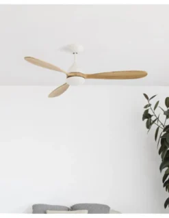 Ventilador de techo con luz Poros - Faro - Lámpara ventilador blanco/madera, apto techos inclinados, ultrasilencioso