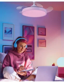 Ventilador de techo con luz RGB Tíber - ALG - Blanco con aspas retráctiles, control por app y mando a distancia