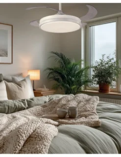 Ventilador de techo con luz Sena - ALG - Ventilador blanco con aspas retráctiles, motor ultrasilencioso y mando a distancia