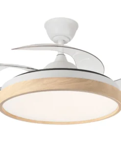 Ventilador de techo con luz Tíber - ALG - Blanco con aspas retráctiles y aro decorativo de madera