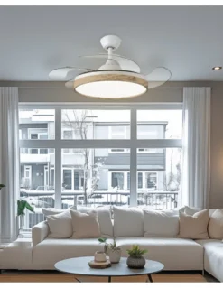 Ventilador de techo con luz Tíber - ALG - Blanco con aspas retráctiles y aro decorativo de madera