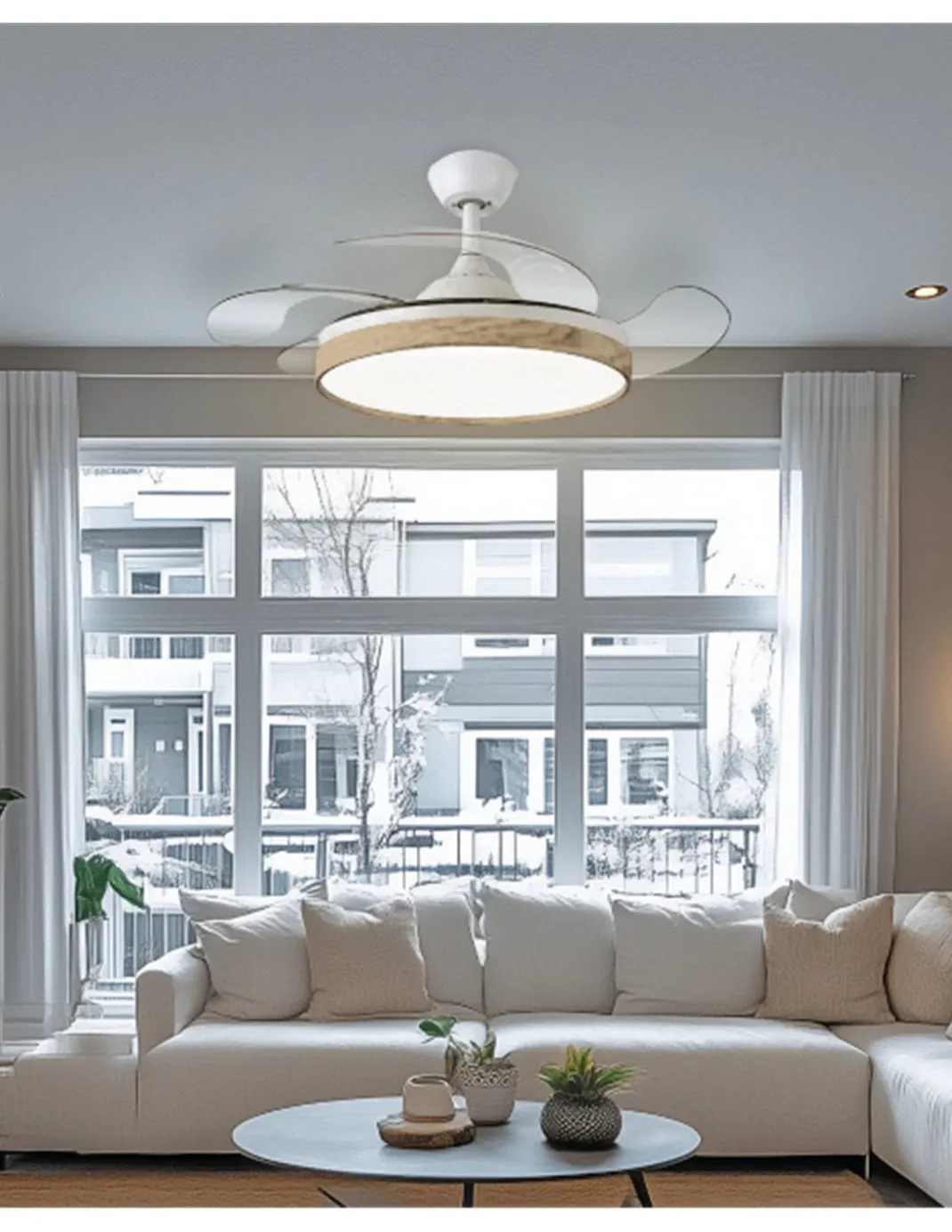 Ventilador de techo con luz Tíber - ALG - Blanco con aspas retráctiles y aro decorativo de madera