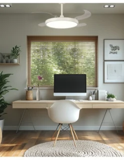 Ventilador de techo con luz Ural - ALG - Blanco con aspas retráctiles, difusor plano y motor ultrasilencioso