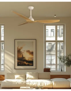 Ventilador de techo sin luz Duero - ALG - Palas efecto madera con acabado blanco y motor ultrasilencioso